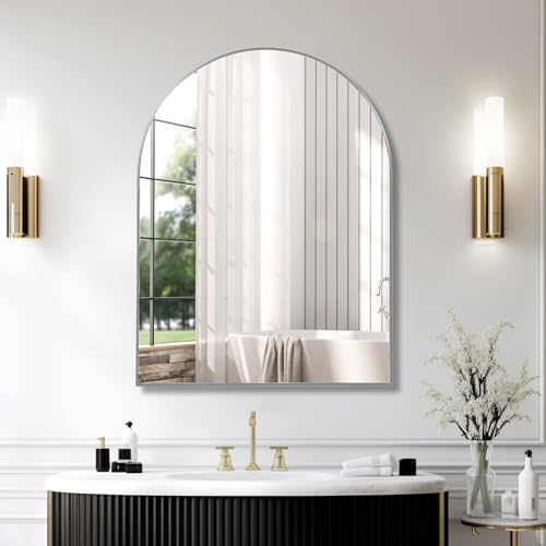 CHARMMA Elegant 30x40 Inch Silver Arched Bathroom Mirror for Wall,