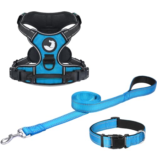 Joytale Dog Harness (Chest: 12-21"), Dog Collar and 6FT x 3/4" Wide Dog Leash Set, Reflective Padded Nylon Collar and Leash, Adjustable Soft Harness with Handle for Dogs