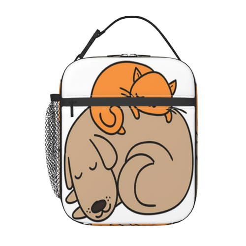 ポータブル断熱ランチバッグ。防水性と漏れ防止性を備え、スタイリッシュで丈夫。仕事、学校、アウトドア活動に最適です。男性にも女性にも適しています。(動物のかわいい眠っている犬と猫の親友の愛らしい漫画)