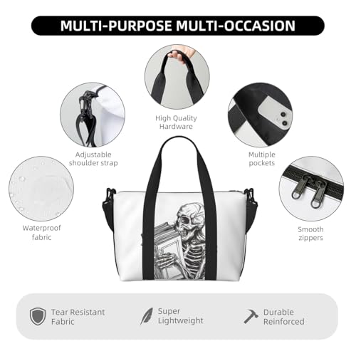 Carry On Duffle Bags Overnight Weekender Bags for Women, Skeleton Book Lover Personal Item Travel Bag, Travel Essentials Sport Gym Bag for Men Women3