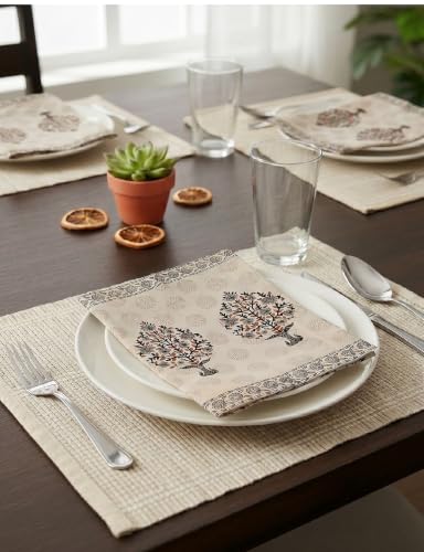 Image of BLOCKS OF INDIA Hand Block Print Cotton Table Napkin Set of 6 (Brown BUTA)