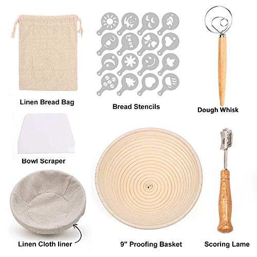 Round Bread Proofing Basket, Banneton Proving Basket 9 Inch with 6 Pack Baking Tools - Cloth Liner, Bread Bag, Lame, Whisk, Scraper, 16 Decor Stencils