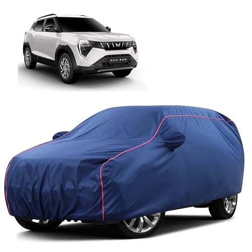Image of Sulfar 100% Water Resistant Car Body Cover Compatible with Mirror for Mahindra XUV 3XO (Triple Stitched, Full Bottom Elastic, Blue Tafetta with Red Piping)