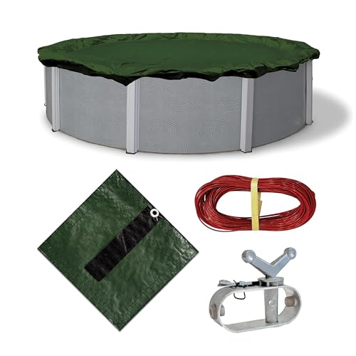 Blue Wave Silver 12-Year 24 ft Round Above Ground Pool Cover for Winter – Durable & Weather-Resistant Polyethylene – 4 ft Overlap, Black Underside, Reinforced Grommets, Winch, Cable – Forest Green