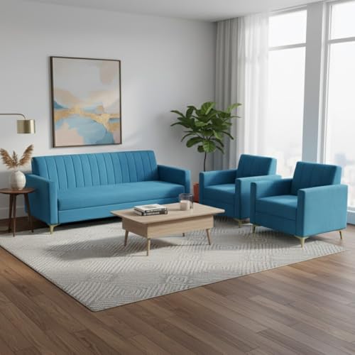 Image of Marvello 3+1+1 Fabric Sofa Set for Living Room | Soft Velvet Upholstery, Sturdy Wooden Frame | Stylish Sofa for Hall & Office Spaces (Aqua Blue)
