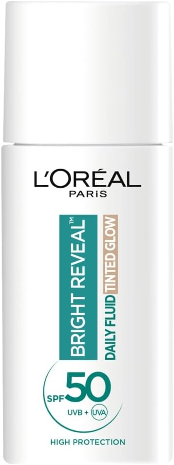 L’Oréal Paris Bright Reveal UV Fluid Tinted Glow – Pearl – SPF 50+ voor gezicht, 3% niacinamide en UVB + UVA-bescherming, beschermt, voorkomt en corrigeert donkere vlekken, zonnevlekken en