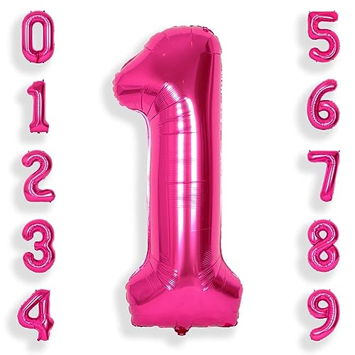 Suwen Ballon Chiffre Rose Vif Anniversaire 1 Géant 40 Pouces 101 CM Rose Foncé Fuchsia Numéro 1 An Ballons Numériques à Hélium de Baudruche Garçon Fille...