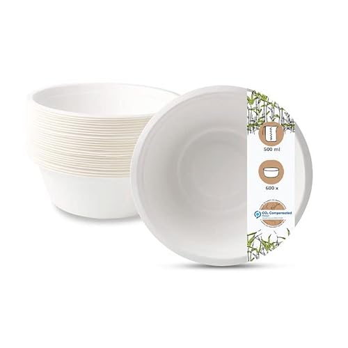 BIOZOYG Piatti usa e getta Vaschette per zucchero da cucina I piatti biodegradabili I Piattini da zuppa Ciotola Piatti pasta Piatto da portata I 600 x Piatto fondo 500ml, rotondo 15cm