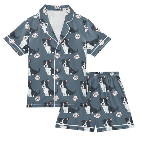 ALAZA Blue Dog Paw Print Puppy Satin Pajamas Set Short Sleeve Button Down Sleepwear Summer Pjs 2 Piece