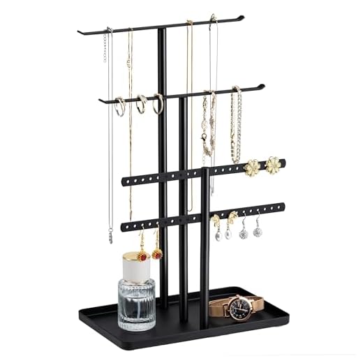 Schwarz Schmuck Organizers, Schmuckständer 32cm Groß, 4 Ebenen Robust Schmuckaufbewahrung Reise, Schmuckschrank Organizer für Halskette, Armband, Parfüm und Ohrringe, Deko Aesthetic Accessoires