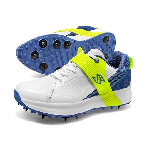 SOLM8 S60Pro Cricket Spike Shoes - Metal Replaceable Spikes, Strap & Easy-Clean FlexSkin, Ultralight Insole Cushioning for Professional Players Blue Lime