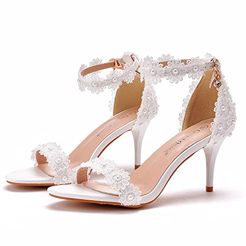 Crystal Queen Women White lace Ankle Strap High Heel Sandals Stiletto Heels Peep Toe Sandals Pump Shoes for Bride Wedding Party Evening2