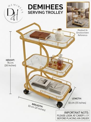 Image of Serving Trolley with Wheels for Home, Tea Food Drinks Serving Kitchen Trolley Restaurant, Hotels,Dining Room bar cart with Wheels (Gold-White)