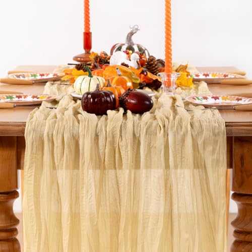 DeZerlor Champagne Gold Cheesecloth Table Runner Spring Table Runner Boho Gauze 120 Inches Champagne Cheese Cloth Table Decor for Wedding Bridal Baby Shower Valentine's Day