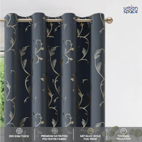 Image of Urban Space 80-85% True Blackout Curtains for Window, Gold Foil Printed Blackout Curtains, Decorative Window Curtain Eyelet with Tieback, 1 Piece Curtain for Living Room(Floral Vine Grey, 5 Feet)