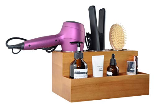Spiretro Hair Tools Organizer, Hair Dryer Care Styling Straightener, Flat Iron, Curling Wand, Brushes Holder, Caddy Storage for Vanity & Bathroom, Wall Mount or Sit on Counter, Solid Wood in Tan - Thumbnail 2