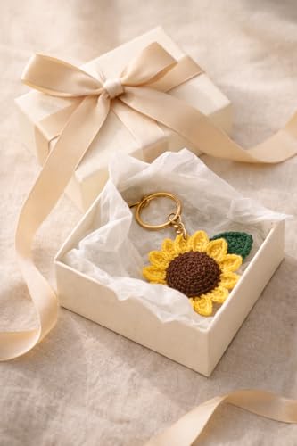Image of Handmade Crochet Sunflower Keychain for Women & Girls, Cute Yellow Flower Key Ring Charm, Soft Yarn Knitted Gift, Bag Charm, Car Key Holder, Aesthetic Handmade Floral Accessory