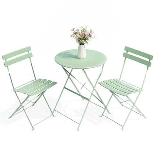 LIFERUN 3-Piece Folding Bistro Set Outdoor, Powder Coated Weatherproof Patio Furniture Set, Bistro Table and Chairs Set of 2 for Cafe, Patio, Garden, Balcony, Space Saving, Green