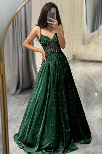 Fair Lady Sparkly Sequin Prom Dress for Women Lace Appliques Spaghetti Straps V Neck Formal Evening Party Gown with Slit4