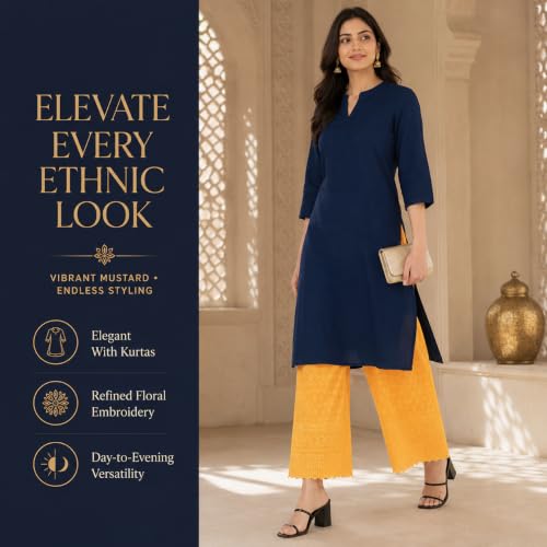 Image of Vastraa Fusion Straight Regular Fit Stylish Solid Cotton Chikan Palazzo or Bottoms for Women's and Girls Free Size 28 inch to 44 inch