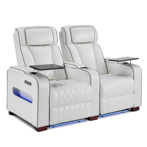 CALIVIA white power loveseat recliner with blue LED underlighting — proves the loveseat carries the LED strip and motorised headrest described on the listing