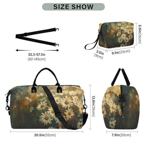 Daisies Vintage Yellow Travel Duffel Bag Gym Bag Sports Tote Bag with Multiple Interior Pockets Shoulder Weekender Bag for Women Men with Toiletry Bag 20.5”x 7.9”x 13.8”3