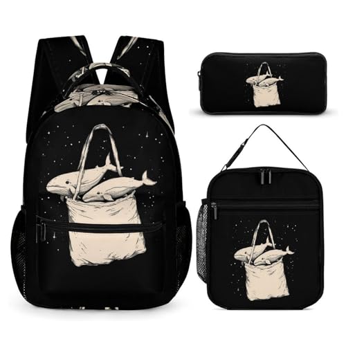 Whale in The Bag Funny Backpack Set Lunch Bag Pencil Case Makeup Bag 3 in 1 for Men Women Travel