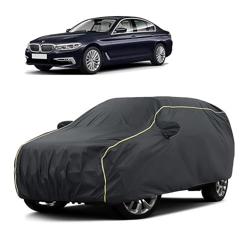 Image of Sulfar 100% Water Resistant Car Body Cover Compatible with Mirror for BMW 520D (Triple Stitched, Full Bottom Elastic, Dark Grey Taffeta with Yellow Piping)