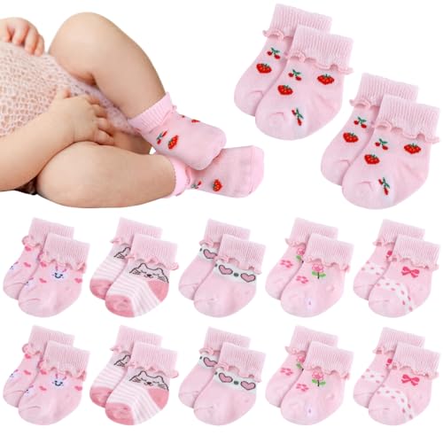 Image of Toulite 12 Pairs Preemie Newborn Baby Ankle Socks Ruffle Turn Cuff Cotton Non-slip Warm Socks for Girls and Boys Infant