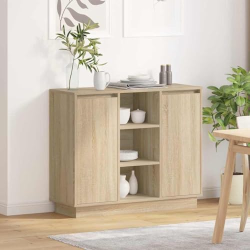 sephironlbb Aparador LED de roble Sonoma, 90 x 32 x 75 cm, diseño moderno, material de madera, con 2 puertas, espacio de almacenamiento versátil para salón, comedor