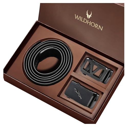 Image of WildHorn Men's Leather Belt Gift Set | Genuine Leather belt Strap with 2 Interchangeable Buckles | Formal & Casual Wear Adjustable Belt | Automatic lock leather belt for men