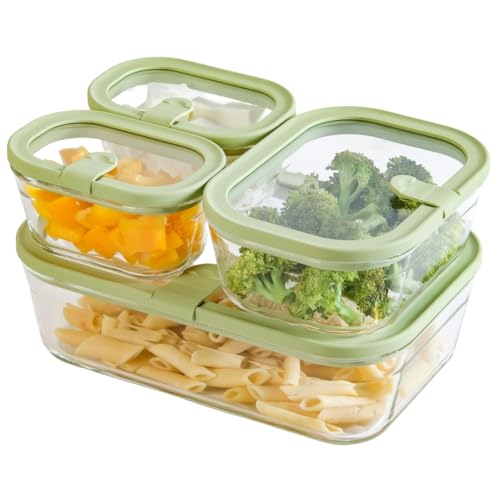 Image of Nestasia Vento Glass Containers with Lid Set of 4 (370ml x 2, 930ml x 1, 2500ml x 1) - Microwave, Refrigerator & Dishwasher Safe Containers with Air Vent Lid for Fridge Storage (Green)