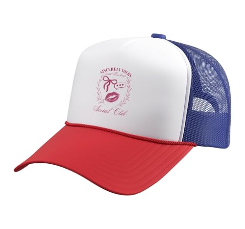 Sincerely Yours Until I'm Bored Social Club Coquette Trucker Hat with Adjustable Mesh Back, Red/White/Royal Blue