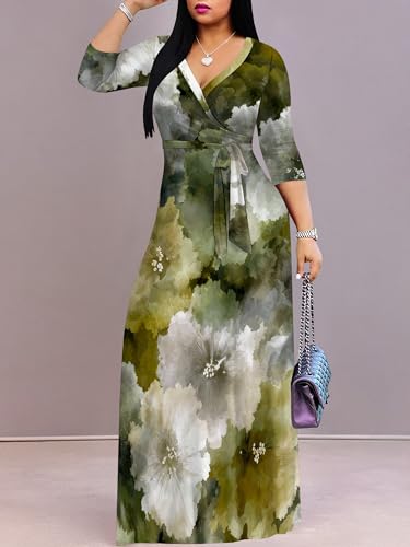Image of Plus Size Dresses for Women Floral Print Maxi Dress Flowy 3 /4 Sleeve with Belt