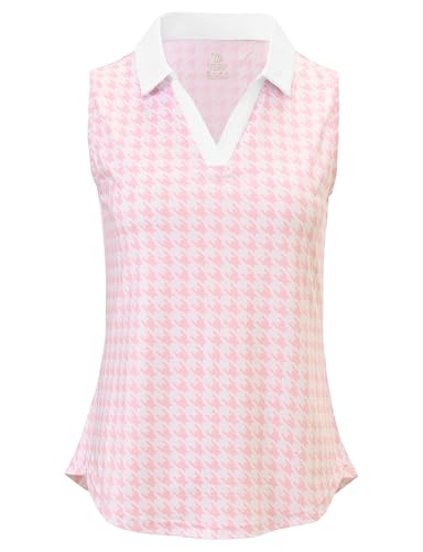 BGOWATU Sleeveless Golf Shirts for Women Collared V Neck Polo Dry Fit Tennis Tank Tops UPF 50+ Lightweight Pink Houndstooth XL