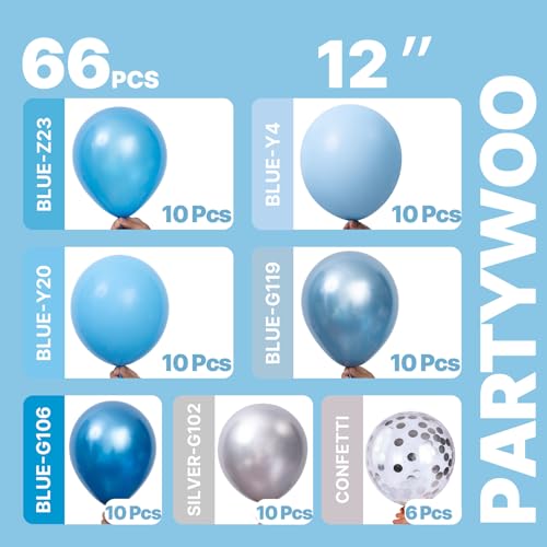 Image of PartyWoo Blue and Silver Balloons 66pcs 12 Inch Light Pastel Baby Metallic Pearl Blue Metallic Chrome Silver Confetti Balloons for Gender Reveal Wedding Baby Shower Birthday Party Decorations