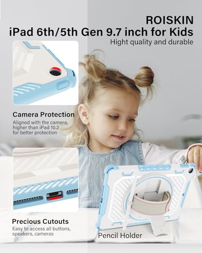 ROISKIN Case for iPad 6th/5th Generation 9.7 Inch: Heavy Duty Shockproof Rugged Protective Cover for Air 2/ Pro 9.7 2017/2018 with 360 Rotation Stand/Hand Strap for Kids Boys Girls (Blue) - Image 3
