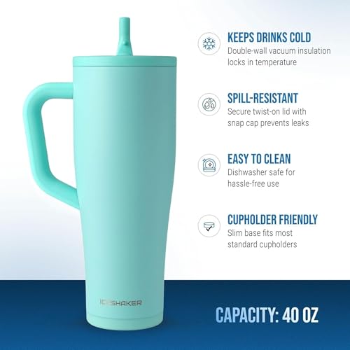 Image of Ice Shaker 40 oz Tumbler with Handle and Straw | 40oz Mint | Cold for 30+ Hours | 2-in-1 Tumbler Shaker Bottle | Odor-Free 40 ounce Bottle for Water, Protein Shakes, Smoothies, Cocktails