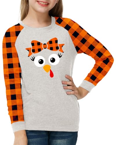 Image of Remimi Girls Thanksgiving Shirts Buffalo Plaid Raglan Tee Cute Turkey Holiday Party Long Sleeve Tshirt 5-14 Years