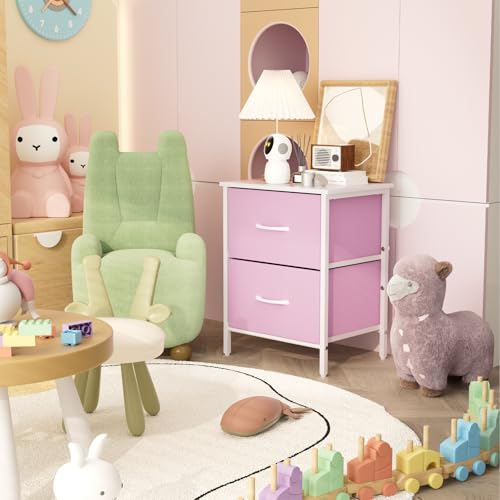 Stero Nightstand Set of 2, Kids Dresser with 2 Drawers, Steel Frame Bedside Furniture, Wood Top Fabric Night Stand, Colorful End Table for Home, Bedroom, Office, Pink by Stero - Used condition - Image 4