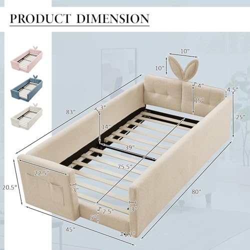 Image of Twin Size Bed Frame for Kids, Upholstered Daybed Frame Floor Bed with Safety Rails and Storage Pocket Cute Rabbit Ear Shaped Headboard for Kids Teens Boys Girls, Camel