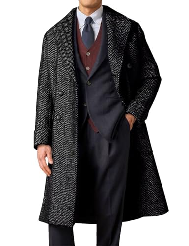 Mens Herringbone Tweed Trench Coat Double Breasted Notched Lapel Long Peacoat Slim Fit Business Winter Overcoats