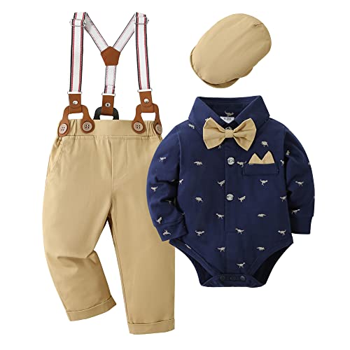 Image of YALLET Baby Boy Clothes Set Infant Tuxedo Long Sleeve Gentleman Suit Outfits + Beret Hat + Suspender Pants + Bowtie 0-18M