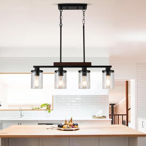Wood Kitchen Island Lighting,4-Light Farmhouse Dining Room Light Fixture Matte Black Modern Chandeliers for Dining Room Over Table Hanging Pendant Light with Glass Shade for Bar Restaurant