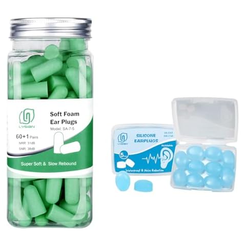 Foam Ear Plugs Yellow-Green 60 Pairs and Silicone Earplugs 5 Pairs by Lysian Cover