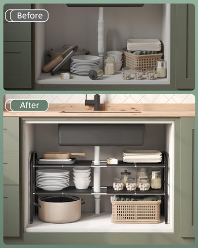 NETEL Expandable Under Sink Storage, 2 Tier Under Sink Organiser Height Adjustable With 8 ABS Plates, Metal Frame, Kitchen Cupboard Organiser, Shoe Rack, Multifunctional Storage Rack, Width 52-82cm - Image 9