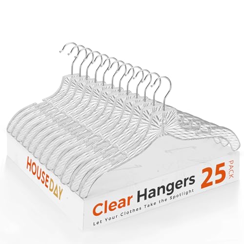 HOUSE DAY Clear Plastic Hangers 25 Pack, Durable Crystal Hangers for Clothes, Light Weight Plastic Dress Hanger for Women, Versatile 16.7‘’ Hanger for Closet and Retail Use, with 360° Swivel Hook