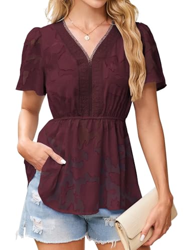 Womens Tops Short Sleeve Lace V Neck Blouses Babydoll Flowy Casual Empire Shirts Boho Peplum Chiffon Tunics