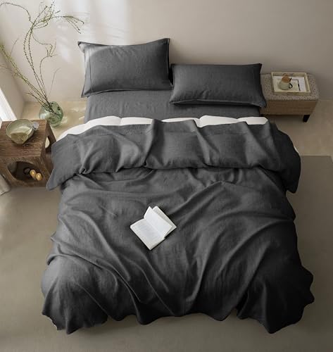 Talasily 100% French Pure Linen Sheets Set Full Size,Oeko-TEX Certified Bedding, All-Season Breathable for Hot Sleepers,16 Inch Deep Pocket Machine Washable 4-Piece (Dark Grey)