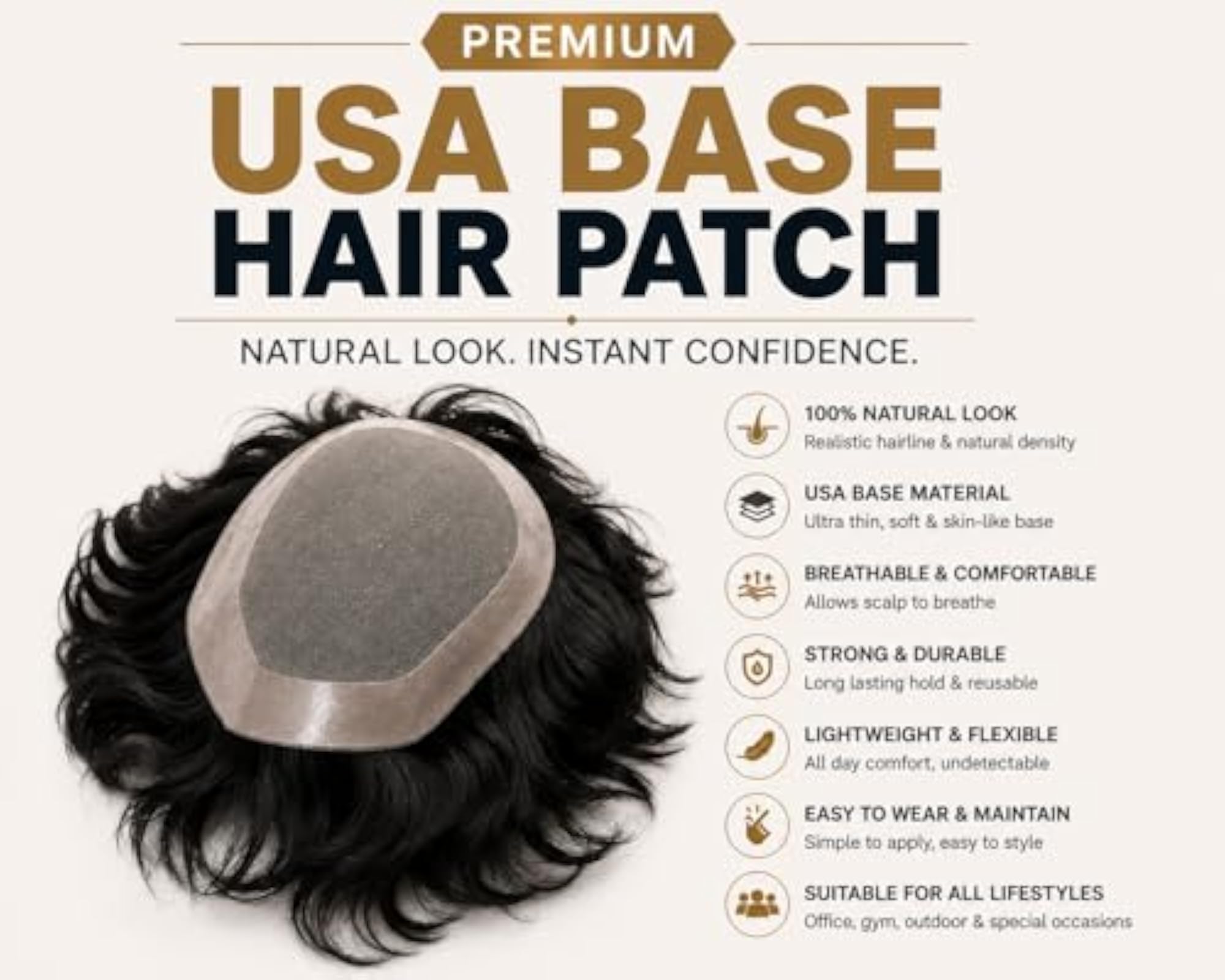 Men's 100% Human Hair Toupee, Silk Base Hair Patch